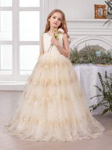 少女蝴蝶结网眼香槟色毕业礼服 - 优雅公主礼服，适合生日礼物、正式派对、婚礼、花童、节日庆祝礼服 - 杏色 - 查看 3