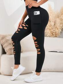 1pc Seamless Hollow-Out High Waist Elastic Skinny Leggings, Sporty Casual Slimming Pants - 黑色 - 查看 5