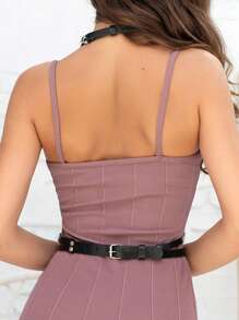 1pc Women PU Leather Goth Style Bralette And Adjustable Waist Belt, Hollow Body Chain, Sexy Waist Belt Wearable Accessory, Suitable For Casual Daily Outfit - Black - View 4