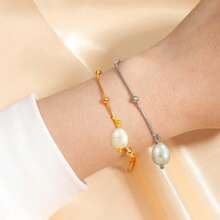 1 件百搭不对称淡水珍珠手链，串珠细节蛇形设计女士手链，理想的复活节礼物珠宝 - 不規則珍珠手鍊 - 查看 1