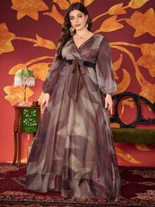 Plus Size Women V-Neck Lantern Sleeve Contrast Color Belt Long Dress - Mocha Brown - View 5