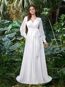Chic Bridal Gown With Long Sleeve Deep V Neck & Belted Waist In Polyester Chiffon | Guest Dress For Wedding Showers, Botanical Garden Events, And Nature-Inspired Weddings,Bride
