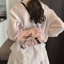 Bolso de hombro estilo Y2K Baddie con bloques de color y decoración de lazo de cinta de encaje, con solapa con plisado de nube, bolso de mano de moda callejera para mujer con colgante, para usar en el hombro y cruzado