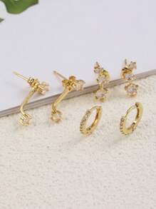 17KM 6pcs Simple Geometric Metal Earrings With Cubic Zirconia, Suitable For Women's Everyday Wear & Bridal Gift - Yellow Gold - View 4
