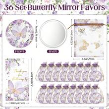 Bộ 36 món quà tặng tiệc theo chủ đề bướm, bao gồm 12 gương nhỏ gọn, 12 thiệp cảm ơn, 12 túi Organza, không cần điện, không lông vũ, dành cho đám cưới, tiệc cô dâu, tiết lộ giới tính, sinh nhật - Màu tím - Xem 3