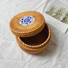 1pc 5.5*3.1 Inch Wicker Rattan Braided Round Storage Box For Snacks, Cosmetics, Jewelry, Dried Fruits, Desk Organizer