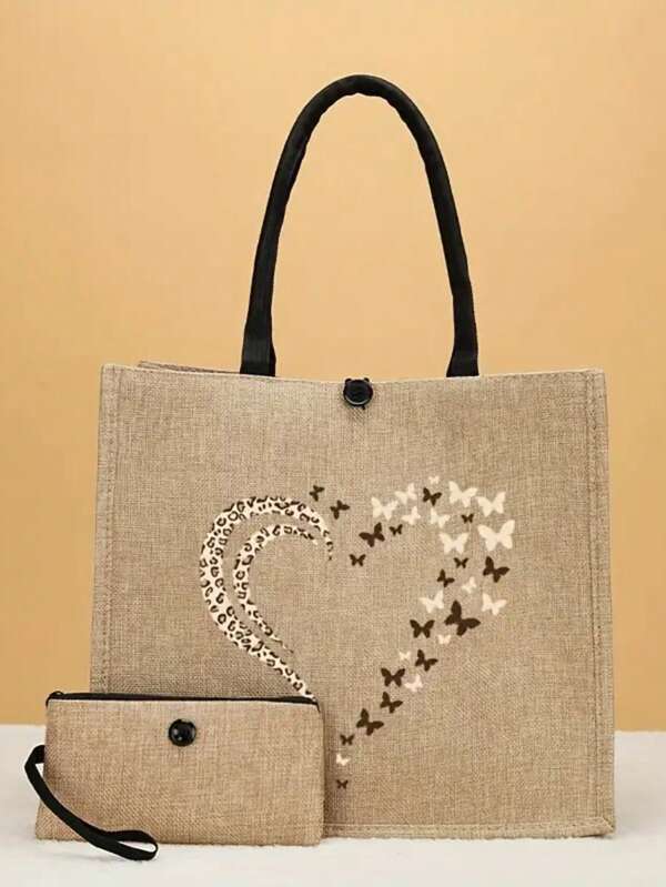 Conjunto de 2 peças de bolsa e carteira exclusivas com estampa de leopardo e borboleta em formato de coração - Bolsa tote de pano leve, lavável à mão, com fecho de botão, adequada para mulheres