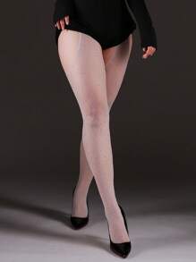 1 件性感紧身开裆水钻渔网连裤袜，透明镂空网袜，简单百搭，适合假期