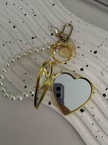 1个心形金属镜面钥匙扣，甜美时尚，可用作包包挂饰、伴娘礼物、Y2K风格配饰、钥匙链，海滩度假必备 - 金色 - 查看 3