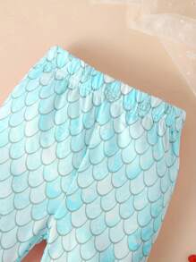 2pcs/Set Young Girl Casual Mermaid Sequin Print Short Sleeve Lightweight Knit Top And Flare Pants Set, Spring/Summer