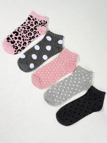 5 Pairs Leopard Polka Dot Pattern Versatile & Fashionable Everyday Ankle Socks