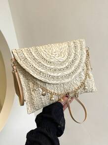 High-Quality Envelope Shaped Woven Paper Rope Clutch Bag, Versatile Shoulder Crossbody Small Purse - Beige - View 2