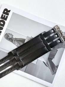 1/2Pcs Black Punk Rock Style Three Layered Bracelet Wide PU Leather Wristband Bracelet - Adjustable, , Edgy Fashion Punk Bracelet For Men Couples And Party - Three-buckle Leather Bracelet - View 2