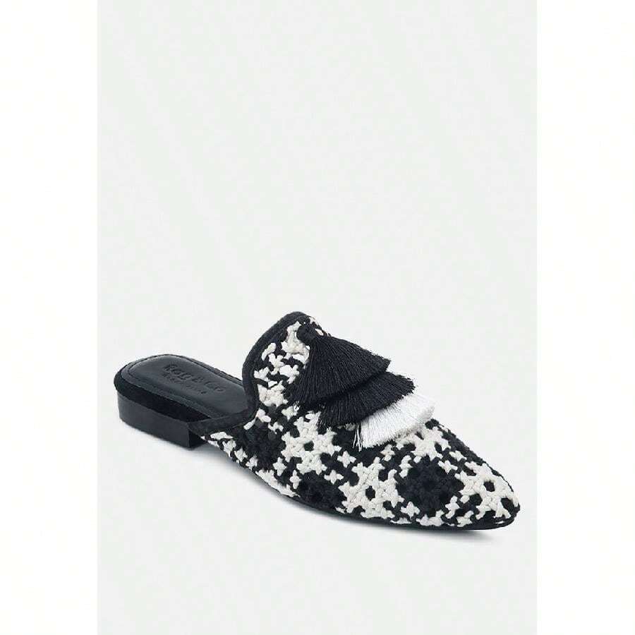 MARIANA Black Woven Flat Mules With Tassels - 黑色 - 查看 1