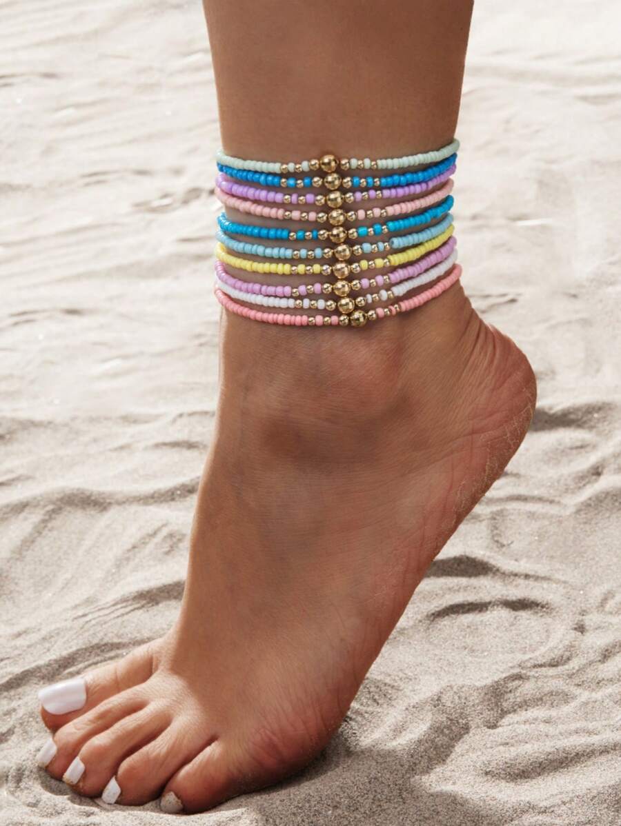 Bộ 10 vòng tay đàn hồi hạt CCB phong cách Boho & hạt gạo nhiều màu, phù hợp cho phụ nữ mặc đi nghỉ dưỡng/bãi biển