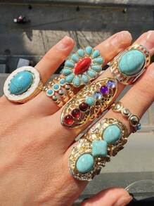 7 件套时尚复古绿松石金色戒指套装，女士珠宝配饰，日常佩戴 - 彩色 - 查看 3