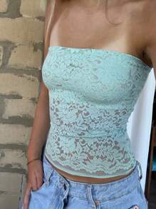 Women Lace Tube Top Without Bra  Y2k Floral Lace Sheer Mesh Strapless Bandeau Crop Tops Sexy Backless Sleeveless See Through Going Out Tops Off Shoulder Vests Shirts Vintage Aesthetic Clothes Streetwear - 薄荷綠 - 查看 2