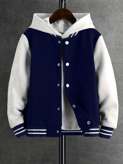 1pc Boys & Teens Casual Solid Color Pullover Hoodie Jacket, Fleece Varsity Style, Suitable For Spring & Autumn