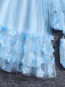 Girls Spring Mesh Patchwork 3D Flower Fashion Princess Dress With Crossbody Bag, 1 Set - Baby Blue - View 6