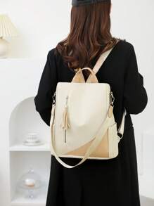 Multi-Functional Women Color-Block Shoulder Bag, New Fashion Versatile Large Capacity Anti-Theft Commuting Shopping Travel Backpack - White - View 6