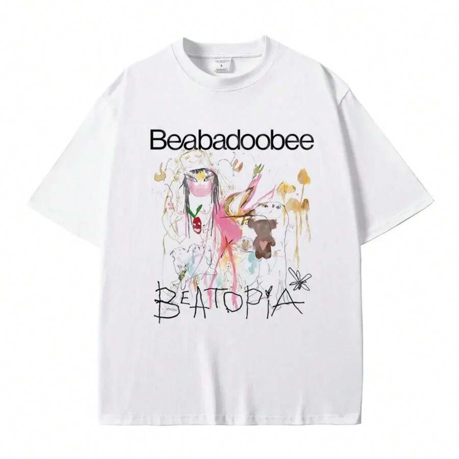 Beabadoobee Beatopia Album Print T-Shirt Women's Fashion Oversized Streetwear Summer Casual Pure Cotton Short Sleeve - 白色 - 查看 1