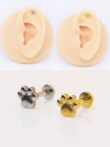 1pc Stainless Steel Cat Paw Stud Earring, Fashionable Internal Threaded Dog Paw Earring 1.2mm, Ladies Daily Piercing Jewelry - Gold - View 1
