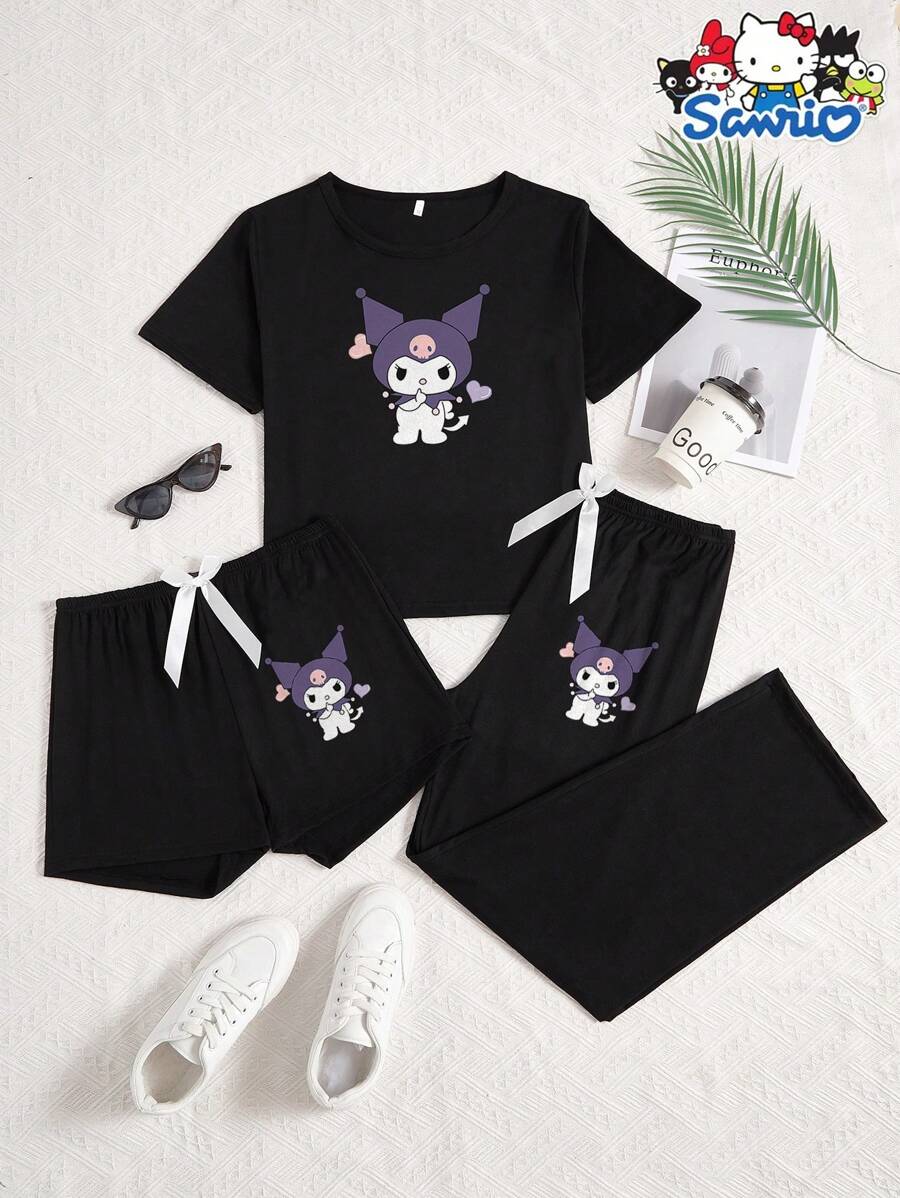 Sanrio 3 pezzi Set da pigiama Sanrio Hello Kitty, top a maniche corte con collo tondo, pantaloncini e pantaloni, stampa di cartoni animati e lettere, comodo
