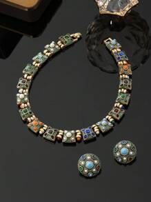 1 条项链和 1 对耳环，波西米亚风格铜合金复古经典珠宝套装，时尚百搭，适合派对，适合节日穿着 - 彩色 - 查看 2