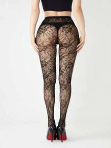 1pc Black Floral Jacquard Mesh Tights, Women Sexy Sheer Pantyhose Leggings'