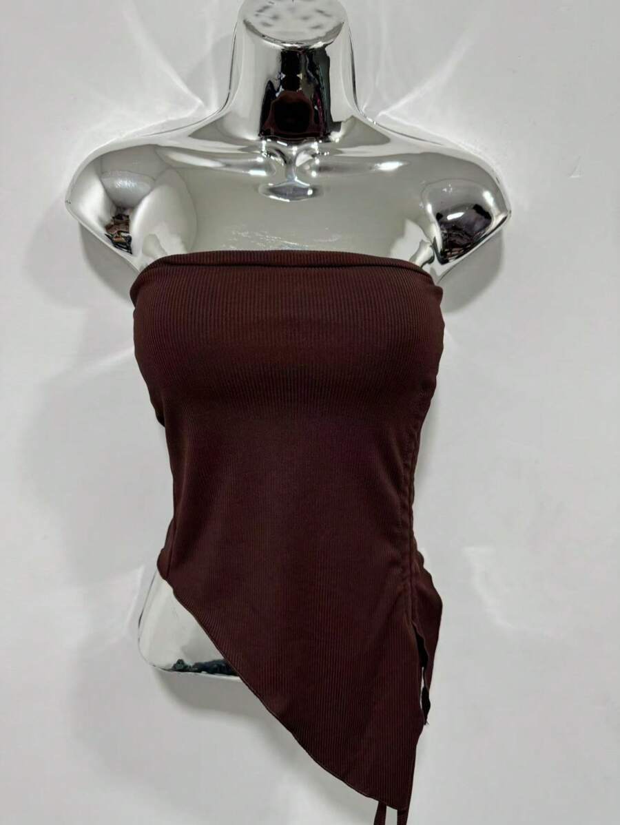 Casual Women's Plain Asymmetrical Blouse With Drawstring - màu nâu - Xem 1