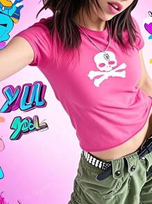 Graphic Tees For Women Summer Y2k Tops Crewneck Skull Print Short Sleeve T-Shirt