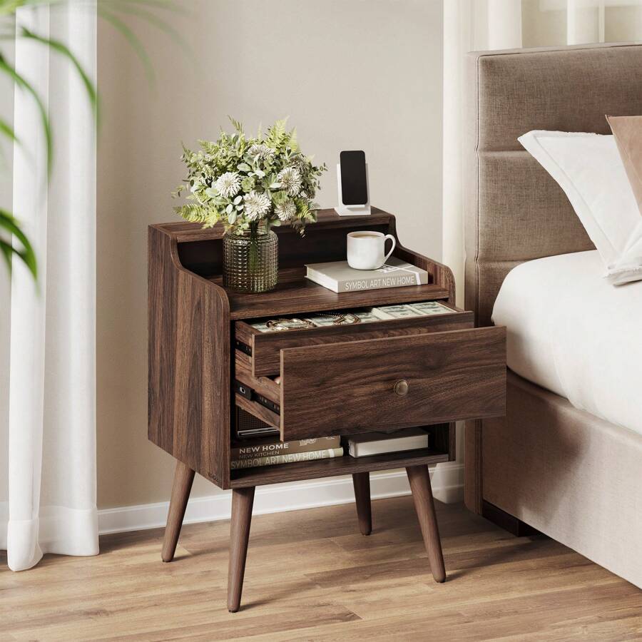 Nightstands, Set Of 2, Bedside Tables With Hidden Drawers, Mid-Century End Tables With Solid Wood Legs, Side Tables For Bedroom - Brown - View 1