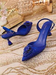 Venus Chan 女士蓝色婚礼高跟鞋意大利设计水钻装饰尖头华丽派对 2025 INS 女士大码鞋派对高跟鞋 - 藍色 - 查看 5