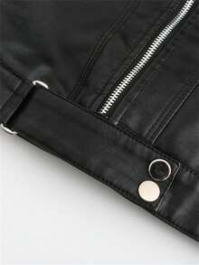 女式短款仿皮夹克，春/秋，立领，薄皮摩托车夹克，D02 - 黑色 - 查看 8