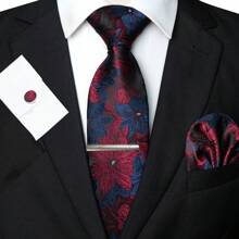 1/2/3/4/5件套男士花卉印花领带、丝缎领带、银色领带夹、口袋巾、袖扣和胸花，多种组合可选，适合作为父亲节、周年纪念日、生日等场合的礼物。经典花卉图案与燕尾服和西装完美搭配，让您在舞会、婚礼、庆典、典礼、正式会议、休闲派对和重要时刻等任何场合脱颖而出。男士领带
