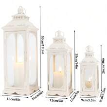 Set Of 3 Vintage Empty Metal Candle Lanterns 10/14/19.5''H Decorative Outdoor Lantern Metal Candle Holder With Tempered Glass For Home Living Room Garden Yard Parties Event Wedding Decor(Not Include Candles) - 白色 - 查看 5