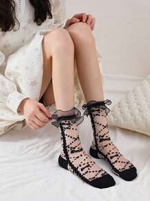 1/2/4 Pairs Lace Trim Sheer Glass Silk Knee High Socks, Transparent Crochet Lolita Socks, Thin Mesh Bow Ankle Socks, Women Hosiery Stockings - Multicolor - View 17