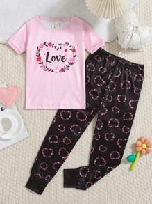 2pcs Girls Snug Fit Pajama Set, Round Neck Floral Wreath & Heart Print Short Sleeve Top And Long Pants, Comfy Holiday Loungewear - Pink - View 1