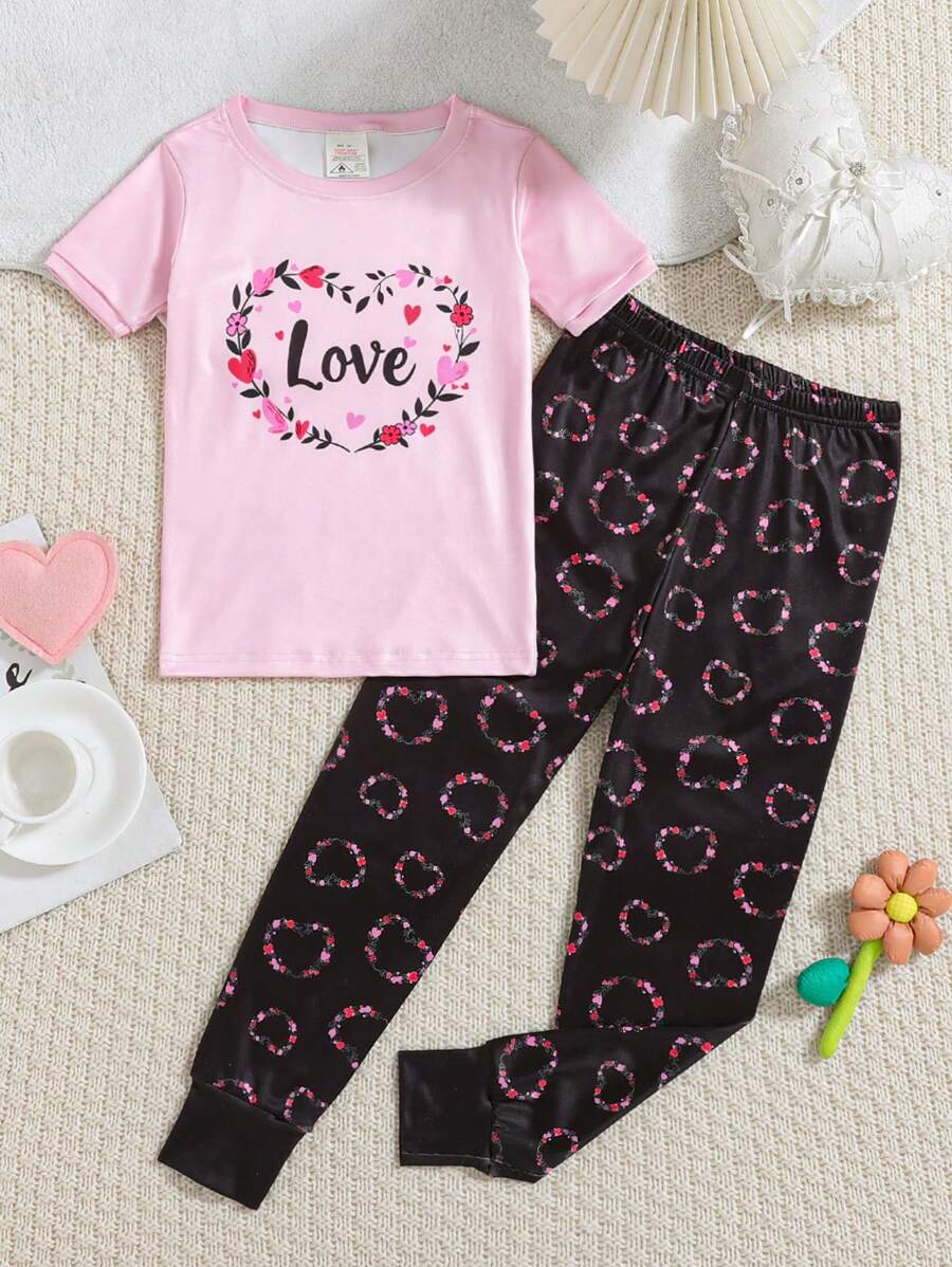 2pcs Girls Snug Fit Pajama Set, Round Neck Floral Wreath & Heart Print Short Sleeve Top And Long Pants, Comfy Holiday Loungewear - Pink - View 1