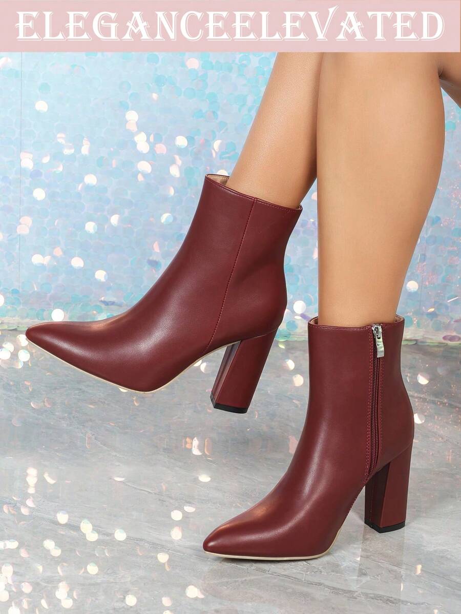 Women's Fashion New Short Boots, Classic Boots, Solid Color High-Quality Leather, Minimalist & Versatile For Commuting, Office, Outing, Party, Side Zipper, Super High Heel, Chunky Heel, Pointed Toe Short Boots, Motorcycle Boots
