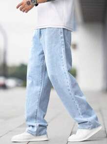 Men's Solid Color Jeans With Slanted Pockets - Baby Blue - View 3