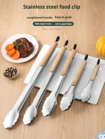 1 conjunto de pinzas para comida de acero inoxidable con mango de roble, pinzas coreanas para barbacoa, pinzas para bistec con mango de roble, además de pinzas largas para barbacoa y comida, para usar en casa y al aire libre
