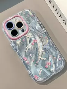 1 个郁金香花朵与幸运英文薄纱图案手机壳，1.5 毫米 IMD 硬壳三合一全覆盖气囊防摔精准孔相机环电镀独立按钮兼容 iPhone 16 Pro Max/15 Plus/14/13/12/11