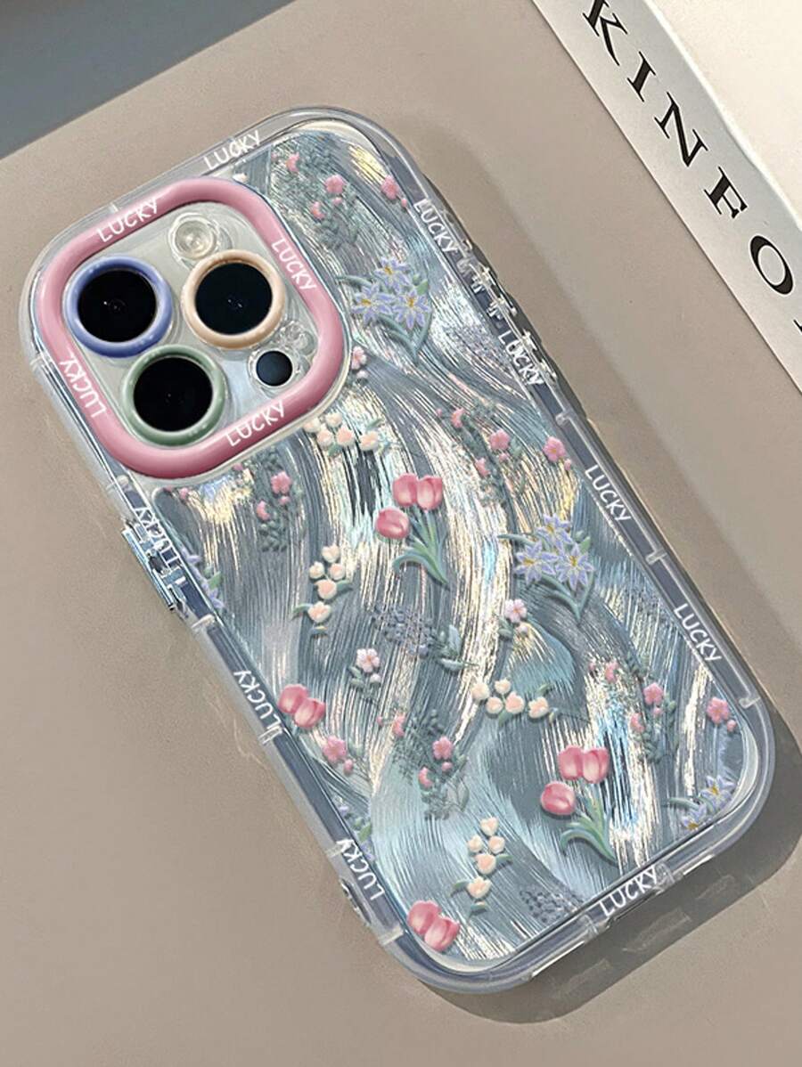 1 个郁金香花朵与幸运英文薄纱图案手机壳，1.5 毫米 IMD 硬壳三合一全覆盖气囊防摔精准孔相机环电镀独立按钮兼容 iPhone 16 Pro Max/15 Plus/14/13/12/11