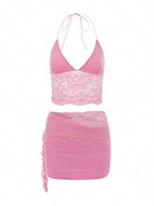 Women Summer 2Pcs Skirt Sets Sheer Lace Flower Halter Cami Tops + Asymmetric Ruched Mini Short Skirt Sets Outfits - Hot Pink - View 4