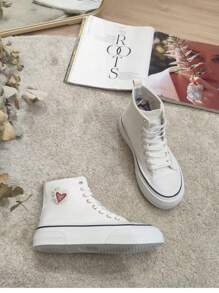 心形与字母刺绣系带休闲高帮帆布运动鞋 - 白色 - 查看 2