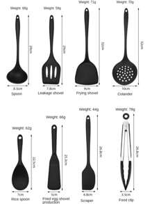Ensemble de 8 ustensiles de cuisine en silicone pour poêles antiadhésives - Outils de cuisine résistants à la chaleur avec crochets (Noir) - Comprend une spatule, une pelle à égoutter, une cuillère à riz, un passoire, une louche à soupe, des pinces à aliments, une pelle à wok, une pince à nouilles - Ustensiles de cuisine essentiels pour le sauté