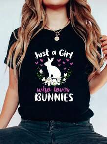 Womens JUST A GIRL WHO LOVES BUNNIES Bunny Mom Rabbit Pet Owner Tank Top Women's Fashionable Casual Round Neck Cotton T-Shirt - 黑色 - 查看 1