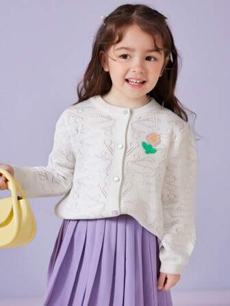 女童轻便长袖刺绣花卉蕾丝镂空开衫，女童休闲百搭针织披肩，适合春、夏、秋季