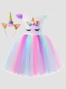 Conjunto de vestido de tul colorido con diseño de unicornio y diadema de unicornio para niña